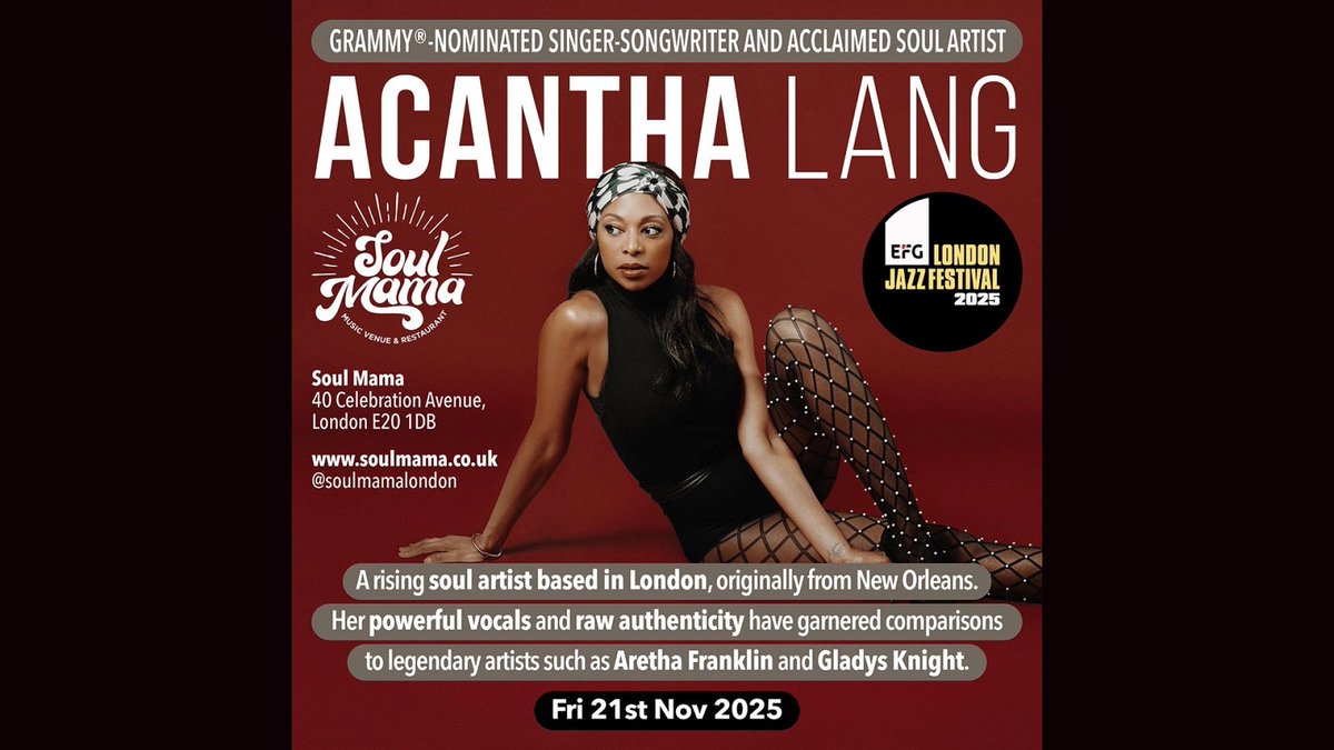 Acantha Lang (@acanthalang) on Twitter photo My last full-band show of 2025! <a href="/SoulMamaLondon/">Soul Mama London</a> for the <a href="/LondonJazzFest/">EFG London Jazz Festival</a> . Performing songs from my debut album, 'Beautiful Dreams' and previewing songs from my 2nd album. Be the first to hear. Get tickets here: acanthalang.ffm.to/acanthasoulmam… My last full-band show of 2025! <a href="/SoulMamaLondon/">Soul Mama London</a> for the <a href="/LondonJazzFest/">EFG London Jazz Festival</a> . Performing songs from my debut album, 'Beautiful Dreams' and previewing songs from my 2nd album. Be the first to hear. Get tickets here: acanthalang.ffm.to/acanthasoulmam…