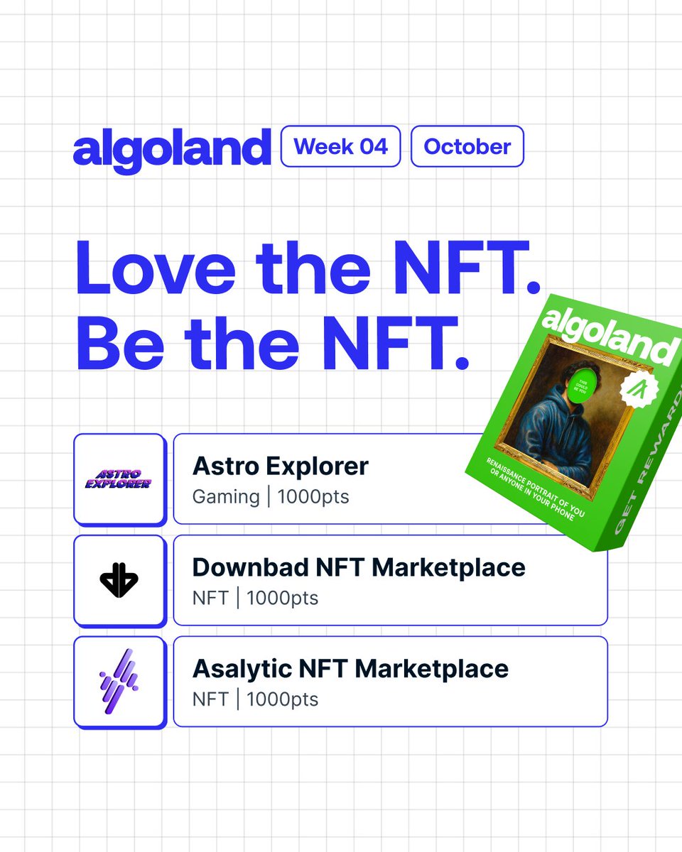 AlgoFoundation's tweet image. It&apos;s Week 4 of Algoland, and it&apos;s all about NFTs on Algorand!

Explore @Astro_Explorer_, @downbad_algo &amp;amp; @asalytic

The prize this week? A renaissance portrait of you or anyone in your phone 🖼️