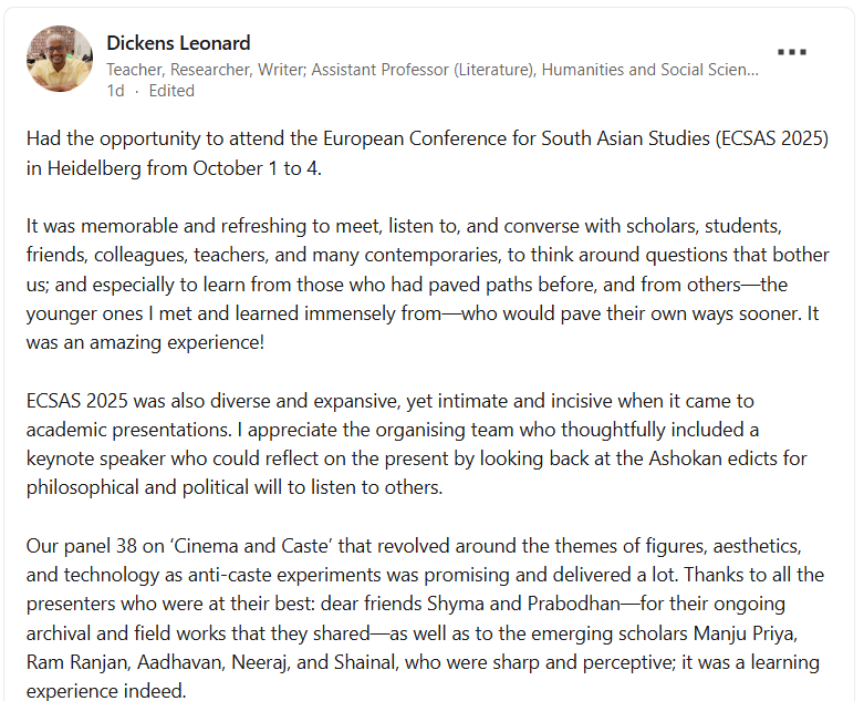 GemsofAcademia's tweet image. Meet Professor Dickens Leonard of IIT Delhi who got funding from the institute to attend a conference in Germany to participate in a panel on caste and cinema in India. Is this why our taxpayers are paying taxes every year? How does this research benefit the taxpayers of India?