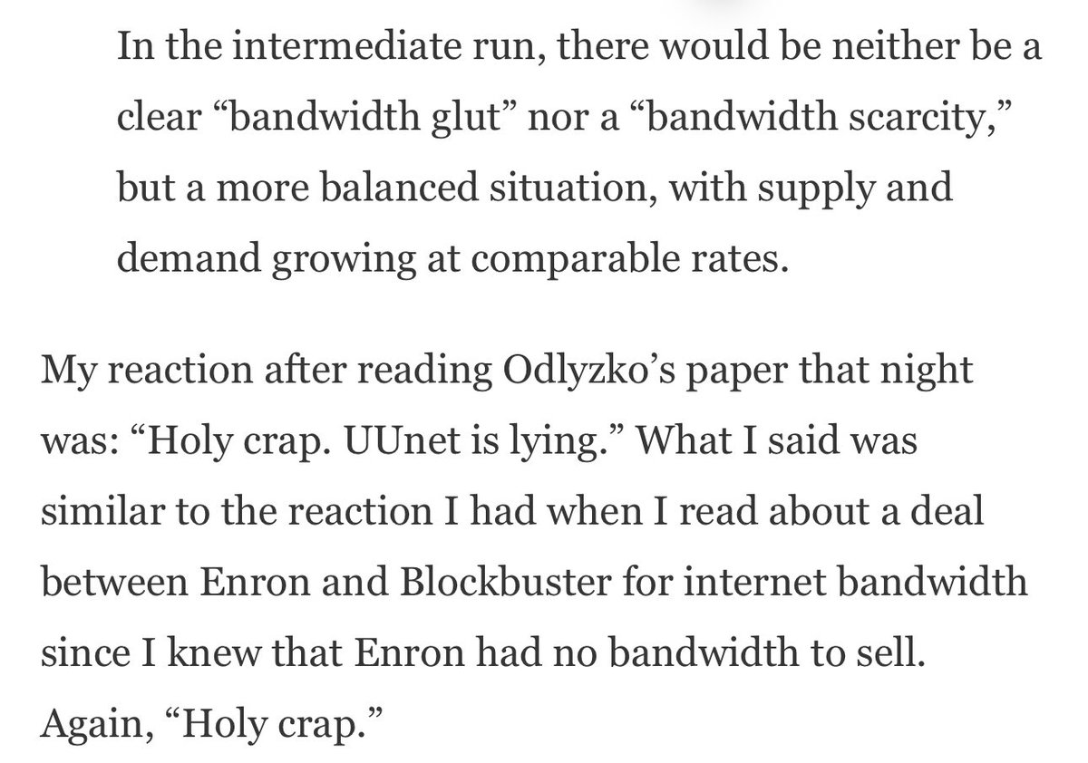 trengriffin's tweet image. I remember like it was yesterday the night I discovered that Internet capacity was not increasing as fast as UUnet/Worldcom was claiming. This was the key sentence in the paper written by Andrew Odlyzko that I read late one night in August of 2000: 25iq.com/2017/11/11/the…