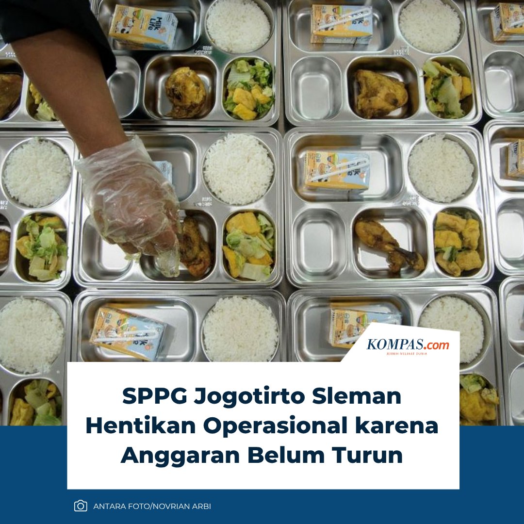 Satuan Pelayanan Pemenuhan Gizi (SPPG) Jogotirto, yang berlokasi di Kapanewon Berbah, Kabupaten Sleman, resmi menghentikan operasionalnya mulai 13 Oktober 2025. Keputusan ini diambil akibat belum turunnya anggaran dari Badan Gizi Nasional (BGN).

Sumber: yogyakarta.kompas.com/read/2025/10/1…