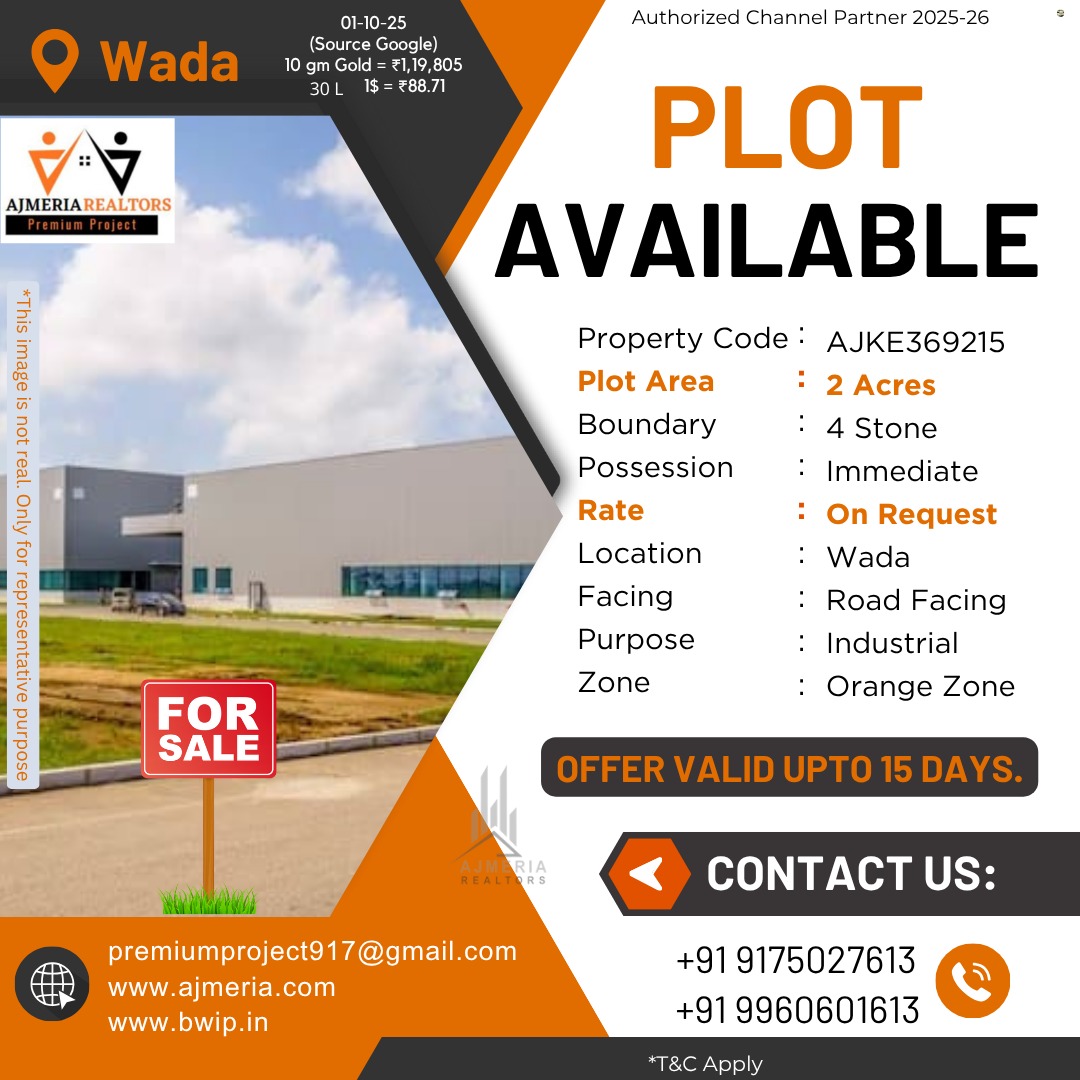 Shobhajmeria's tweet image. 🏭 2 ACRES INDUSTRIAL PLOT FOR SALE IN WADA! 

📞 Contact: +91 9175027613
✉️ Email: premiumproject917@gmail.com
🌐 Websites: ajmeria.com | bwip.in

Shobha Ajmeria | Premium Projects

#IndustrialPlot #WadaProperty #InvestInWada #PremiumProjects