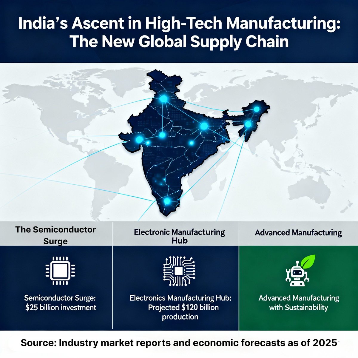 SGT_Intel's tweet photo. India is rising as a global high-tech manufacturing hub, with major investments in semiconductors and electronics. Moving beyond production to build innovation, R&D, and IP strength, India is securing its role in the future global tech supply chain.
#MakeInIndia #SGTIntelligence https://t.co/qLBy7yZreb