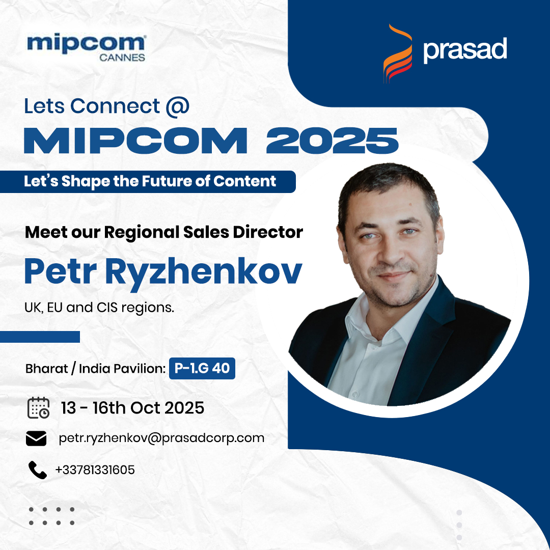 PrasadCorp's tweet photo. Prasad at #MIPCOM2025, Cannes!

Meet Petr Ryzhenkov, our Regional Sales Director for the UK, EU &amp; CIS regions. 

Discover how #Prasad is redefining global #MediaInnovation and #BroadcastSolutions.

📍 Bharat Pavilion: P-1.G 40
🗓️ 13–16 October 2025

#GlobalMedia #MediaEvolution https://t.co/cMSExmy008