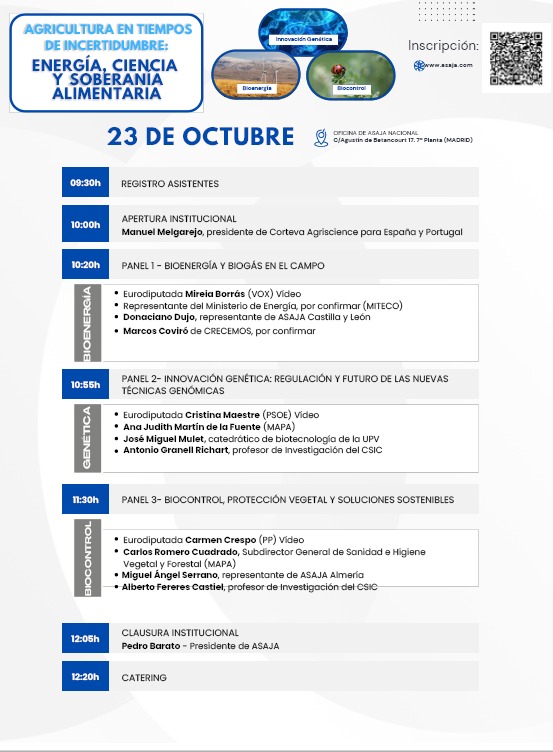 ℹ️ "Agricultura en tiempos de incertidumbre: energía, ciencia y soberanía alimentaria".

📅 Madrid, 23 de octubre.

🔎 Una jornada muy interesante para estar al día en las últimas tendencias. 

📝 Inscripciones: forms.office.com/e/FNSBJ7Kmsf