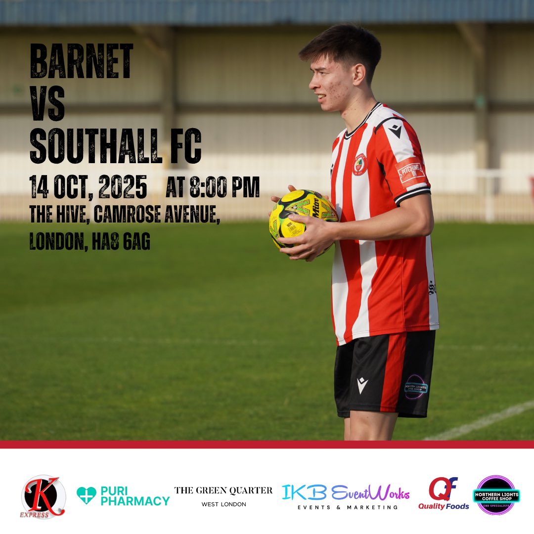 Middlesex Senior Challenge Cup 🏆️ 

Cup nights under the lights is back! 

🆚 Barnet
📆 14/10/2025 - 8:00pm KO
📍 The Hive London, Camrose Avenue, London, HA8 6AG

🔴⚪️ UP THE 'ALL ⚪️🔴