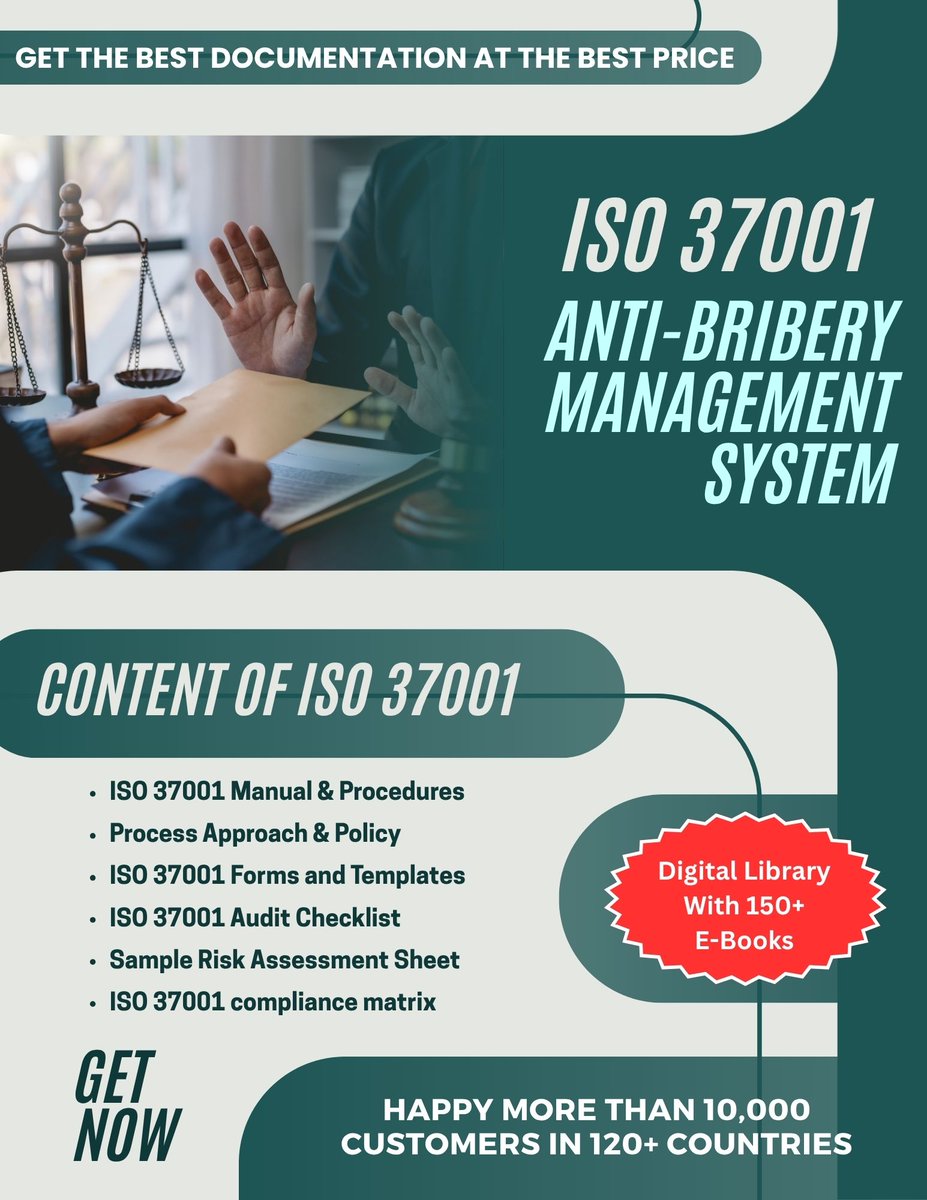 ISOconsult_GMG's tweet image. 🚫 Prevent Bribery. Promote Integrity.
Get ready-to-use ISO 37001 (ABMS) documentation!
✅ Manual, Procedures, Checklist &amp;amp; 300+ Audit Qs
👉 globalmanagergroup.com/Eshop
#ISO37001 #AntiBribery #GlobalManagerGroup #Compliance