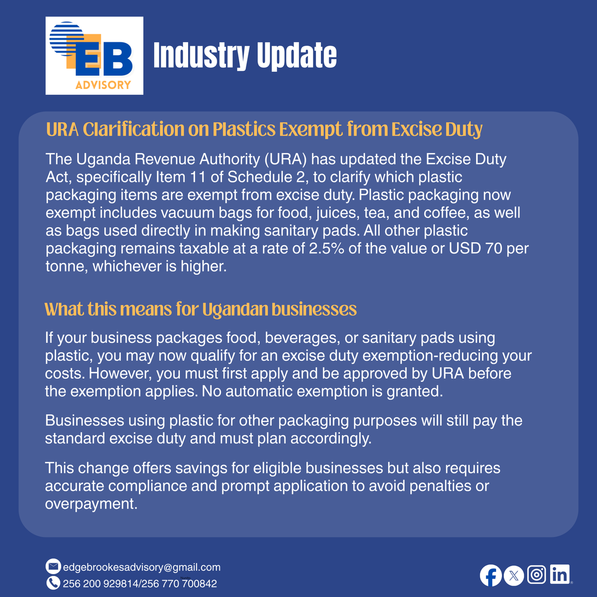 edgebadvisory's tweet photo. URA has clarified which plastic packaging items are now exempt from excise duty.

If your business uses plastic for food, beverages, or sanitary pads, this could mean tax savings for you - but only if you apply correctly.

Let us help you stay compliant and avoid overpayment. https://t.co/jNFC0VGWvi