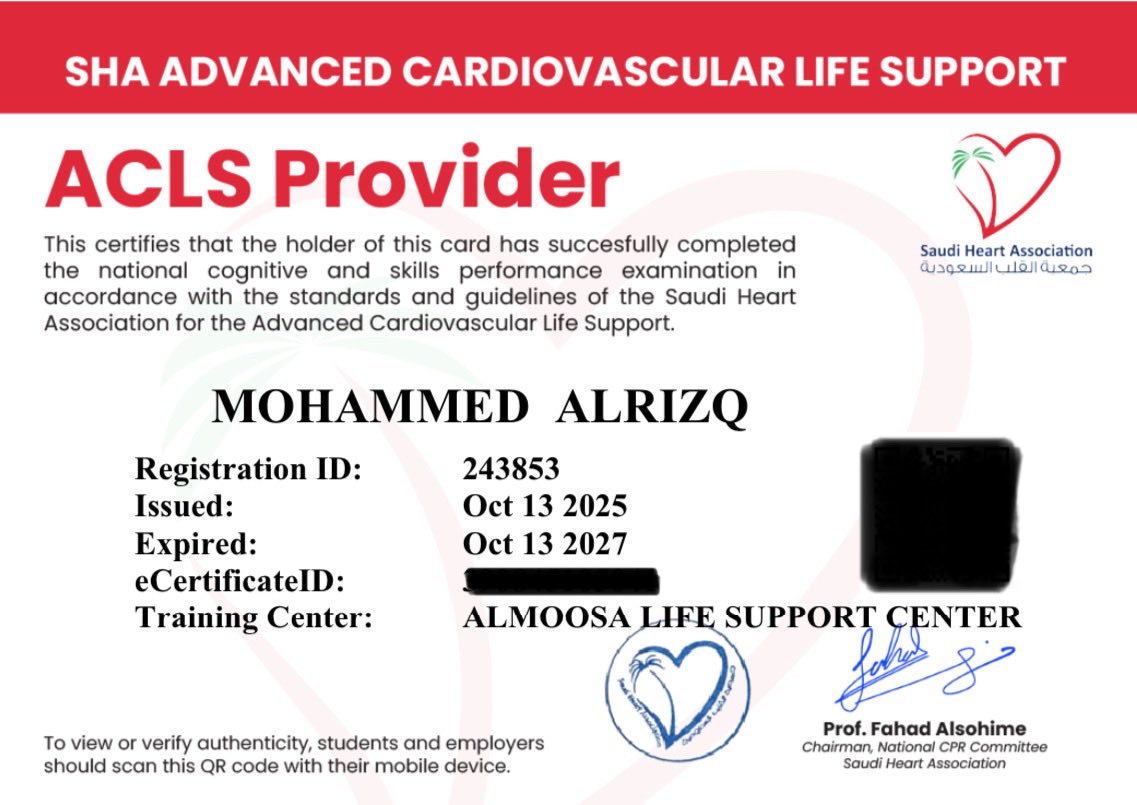 RT. Mohammed Alrizq (@mohammedalrizq5) on Twitter photo Proud to have earned the ACLS Provider certification from the Saudi Heart Association — advancing my skills in managing cardiovascular and respiratory emergencies.
 #ACLS #SaudiHeartAssociation Proud to have earned the ACLS Provider certification from the Saudi Heart Association — advancing my skills in managing cardiovascular and respiratory emergencies.
 #ACLS #SaudiHeartAssociation