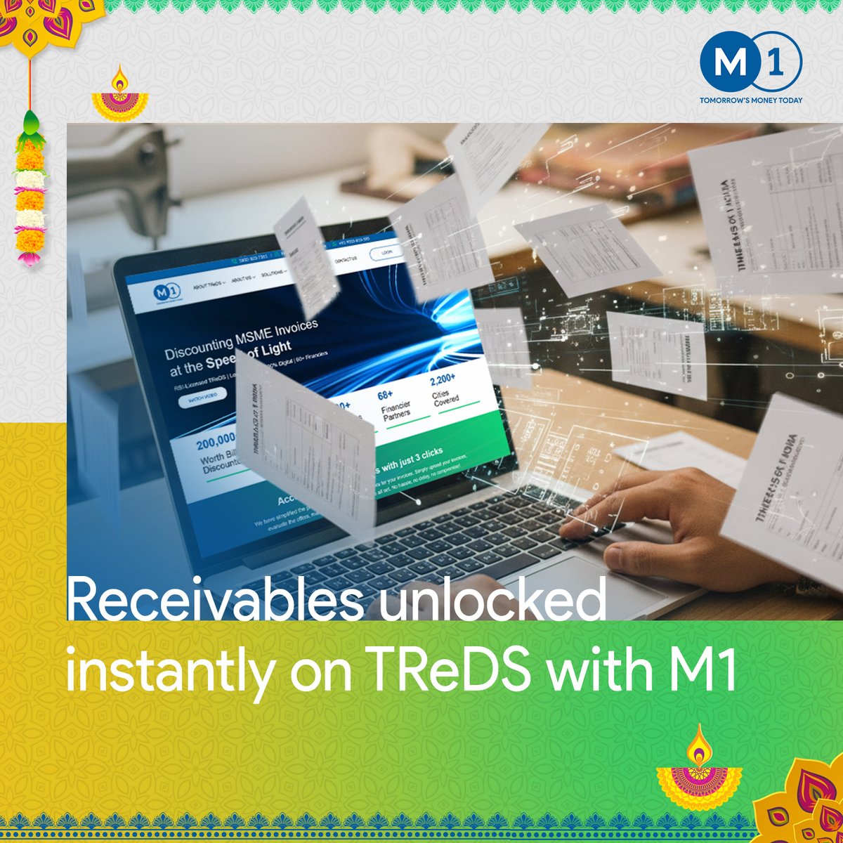 M1xchange's tweet image. When festive demand doubled, a packaging firm turned to #M1xchange. By converting invoices into instant cash flow on TReDS, they scaled fast and met the season’s rush on time. That’s #CelebrateEarlyWithM1 — where growth arrives early, just like the festivities. 🎆
#Festivaltime