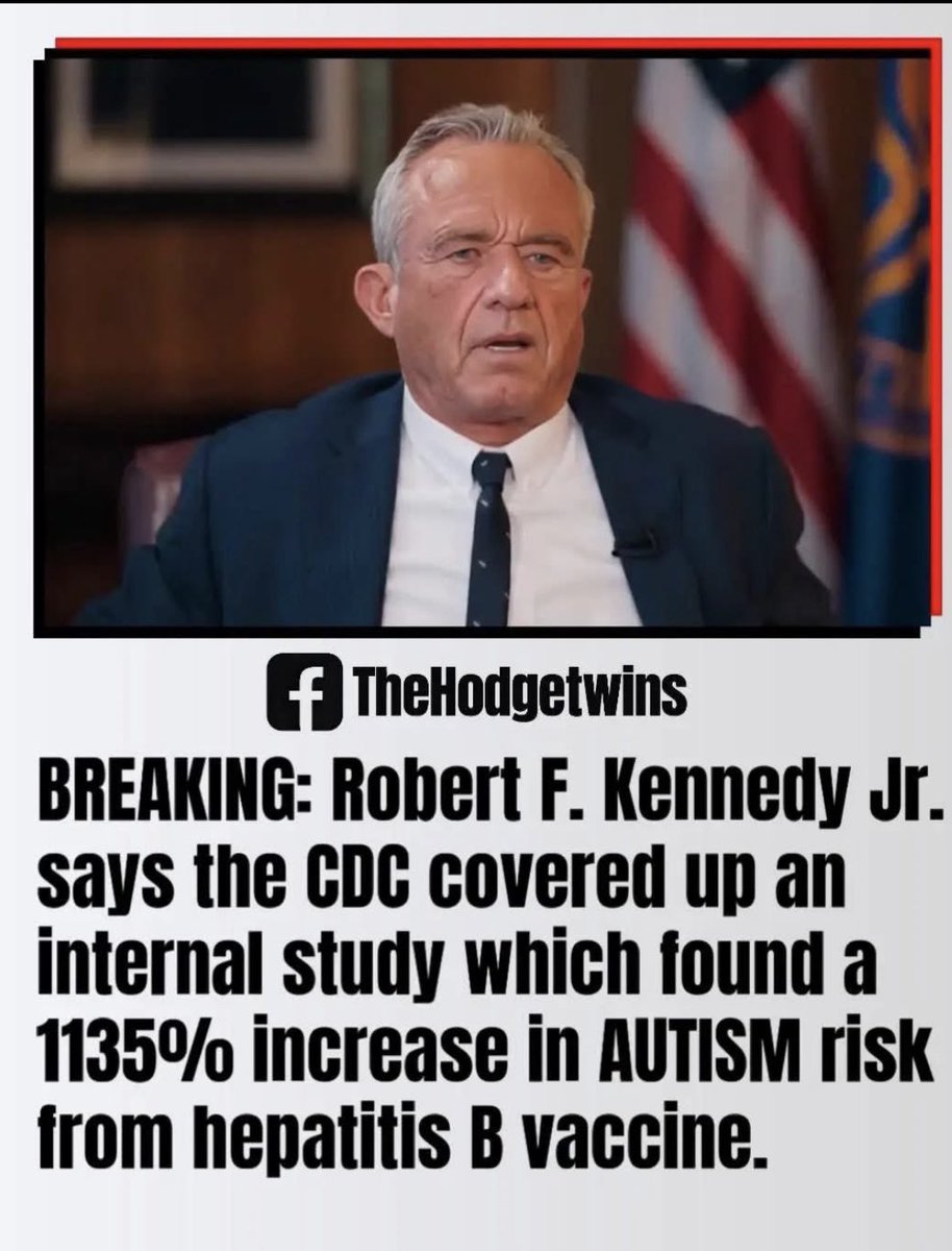 junogsp7's tweet image. RFKJr confirms @uTobian assertion of vaccine linkage 
to autism.
An internal CDC study found 
an astounding 1135% increase 
in Autism risk from the hepatitis B vaccine.
Vaccine Safety
Autism
