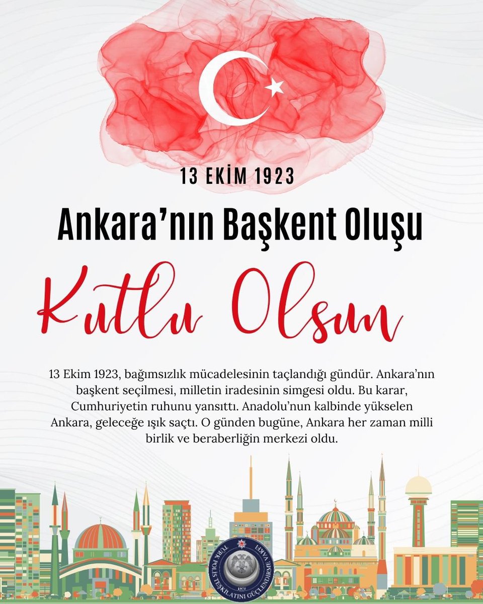 Ankara’nın başkent oluşunun yıl dönümünü gururla kutluyoruz.
#Ankara #Cumhuriyet #13Ekim1923