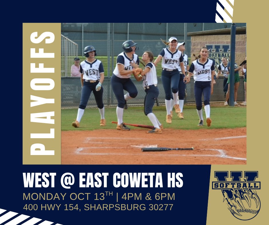 westsoftball20's tweet image. STATE P L A Y O F F S begin today! West heads to East Coweta HS for a best-of-3 series.  Two games at 4:00 and 6:00 pm, with Game 3 if needed, tomorrow.

📍400 Hwy 154, Sharpsburg, GA 30277
@WFHSAthDept