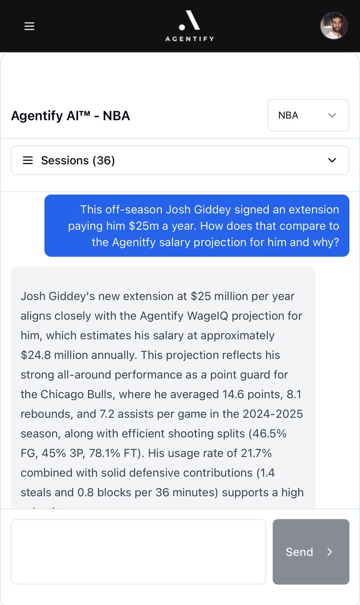AgentifyAI's tweet image. Josh Giddey - Real-time salary market value analysis by Agentify AI™

Current Compensation: $8,352,367
Agentify WageIQ™: $24,776,361
New Deal: $25,000,000

Josh Giddey&apos;s new extension at $25 million per year aligns closely with the Agentify WageIQ™ projection for him, which…
