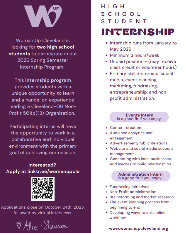 ALHSGuidance's tweet image. 🚨COOL OPPORTUNITY ALERT!🚨
Applications close October 24th. 
womanupcleveland.org/internship