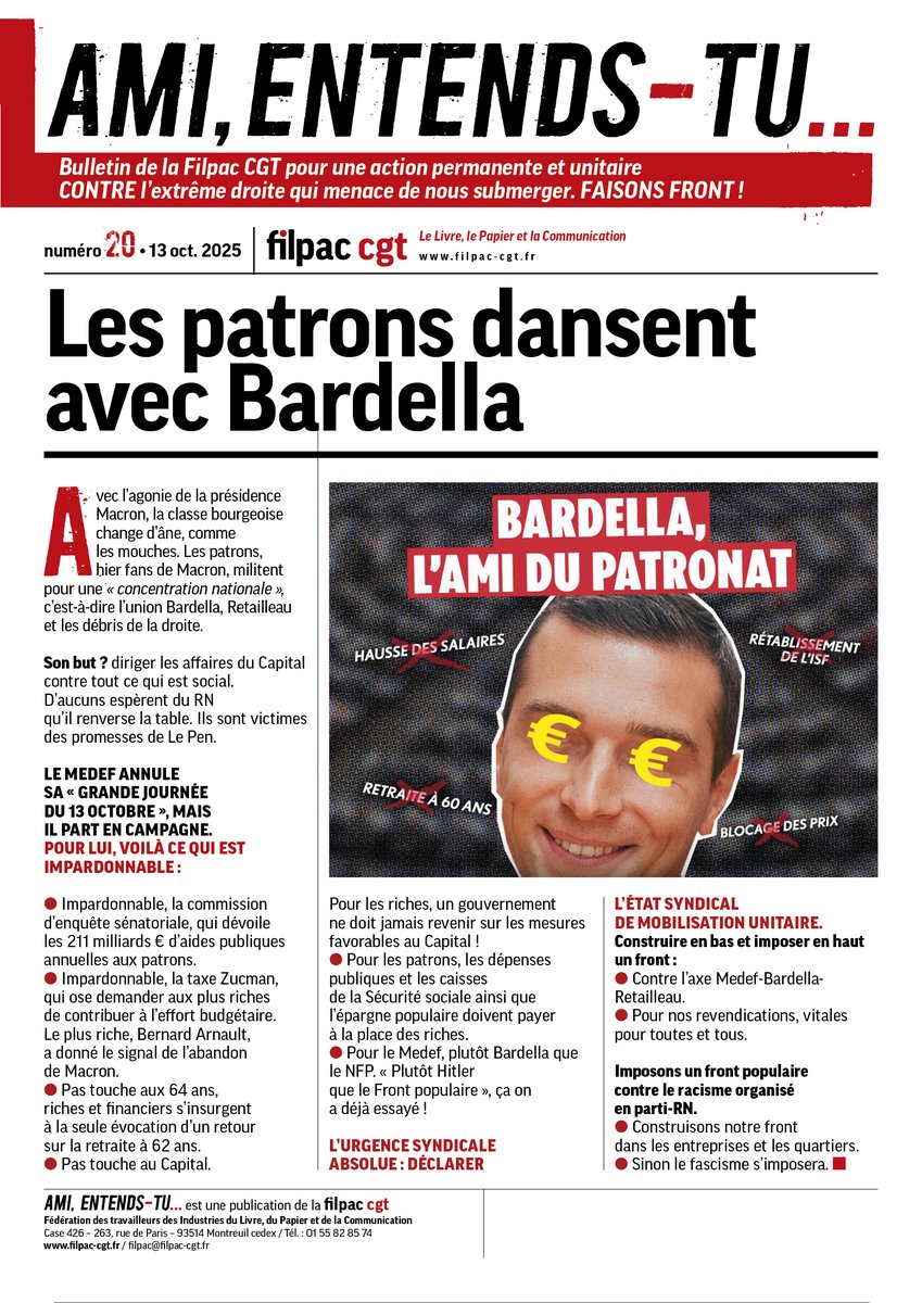 Les patrons dansent avec Bardella 🛑
🍒 Ami, entends-tu… 🎶 #20 • 13 octobre 2025

➡️ Le Medef annule sa « grande journée du 13 octobre », mais il part en campagne. 😡

🗞️ Suivez l’actu Filpac CGT contre l’extrême droite
🔗 filpac-cgt.fr/filieres/amien…

Suivre notre action 🗣
📱