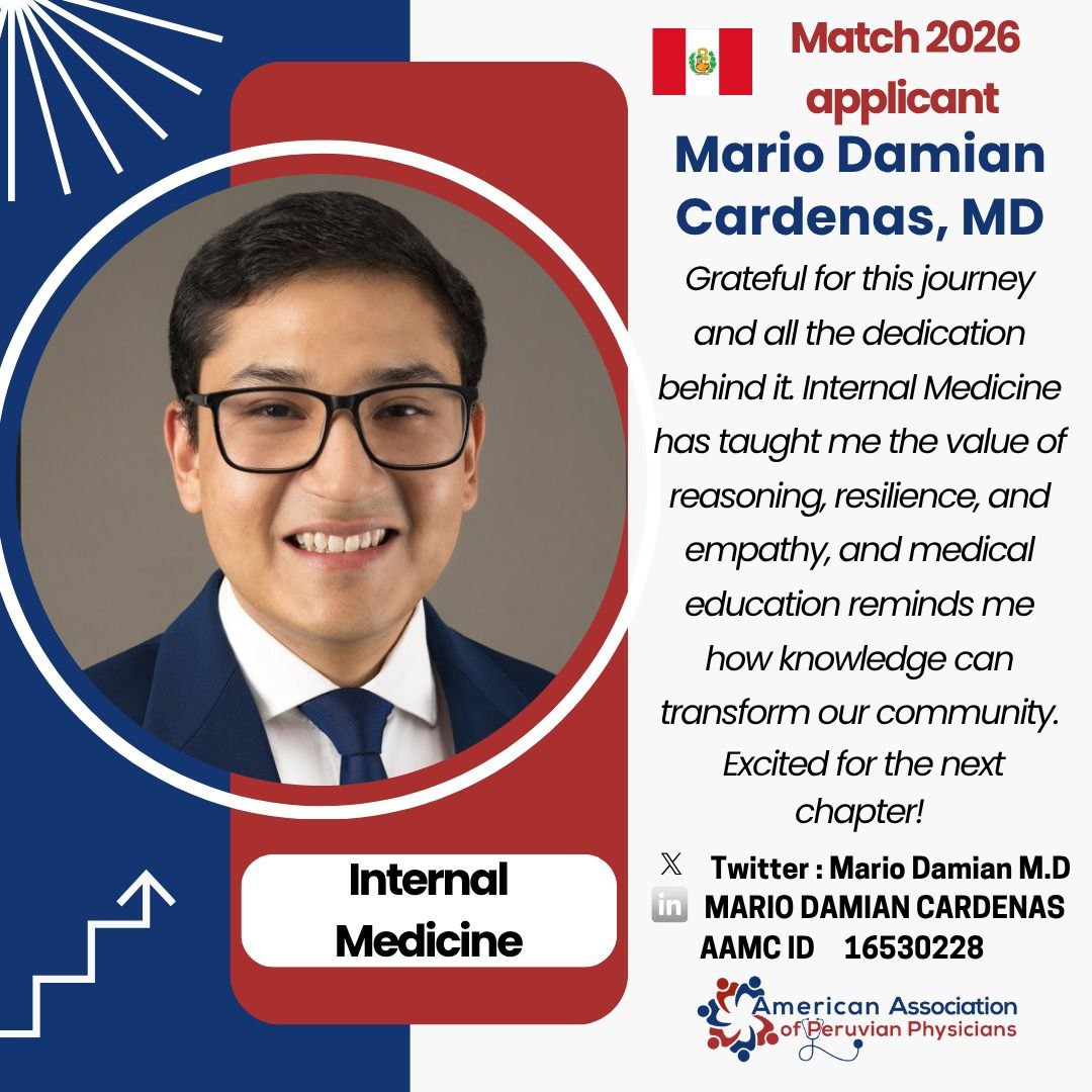 📣Meet our #Match2026 applicants! We are proud to introduce Dr Mario Damian Cardenas,, a dedicated Peruvian IMG applying to Internal Medicine. 
A proud member of our AAPP community, wishing the very best in this exciting journey toward residency! 👏✨️
#Match2026 #Imgjourney