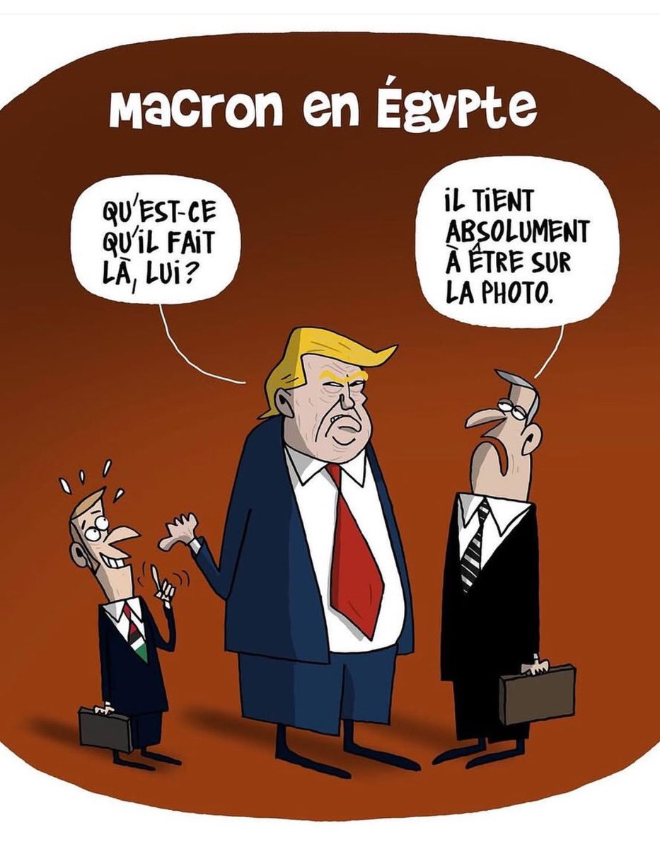 Le petit Manu qui est dans la merde jusqu’au cou en France, veut essayer d’exister en Égypte en s’imposant dans la photo avec Trump !! 
Il est pitoyable ..