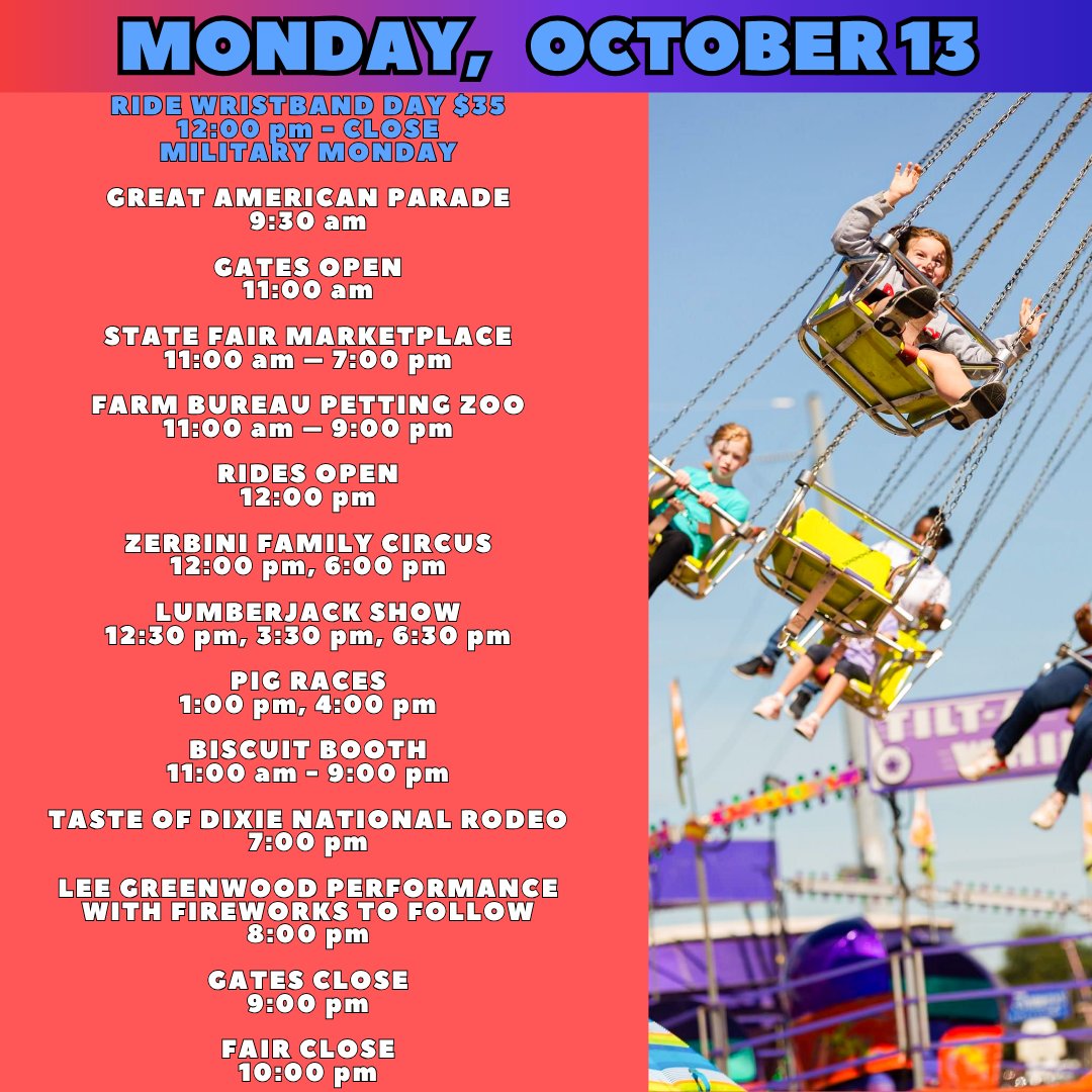 MSStateFair's tweet image. 🎡 It’s the FINAL day of the Fair! Don’t miss your last chance to enjoy all the fun – here’s today’s schedule!