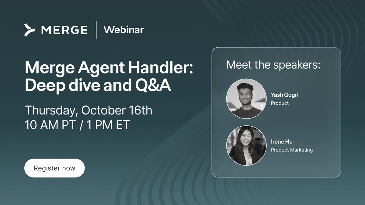 merge_api's tweet image. We're sharing everything you need to know about Merge Agent Handler in our upcoming webinar!
You'll learn how Merge Agent Handler lets you connect agents to thousands of pre-built tools, build and maintain custom integrations, and more!
Save your spot:
hubs.li/Q03N7ptg0