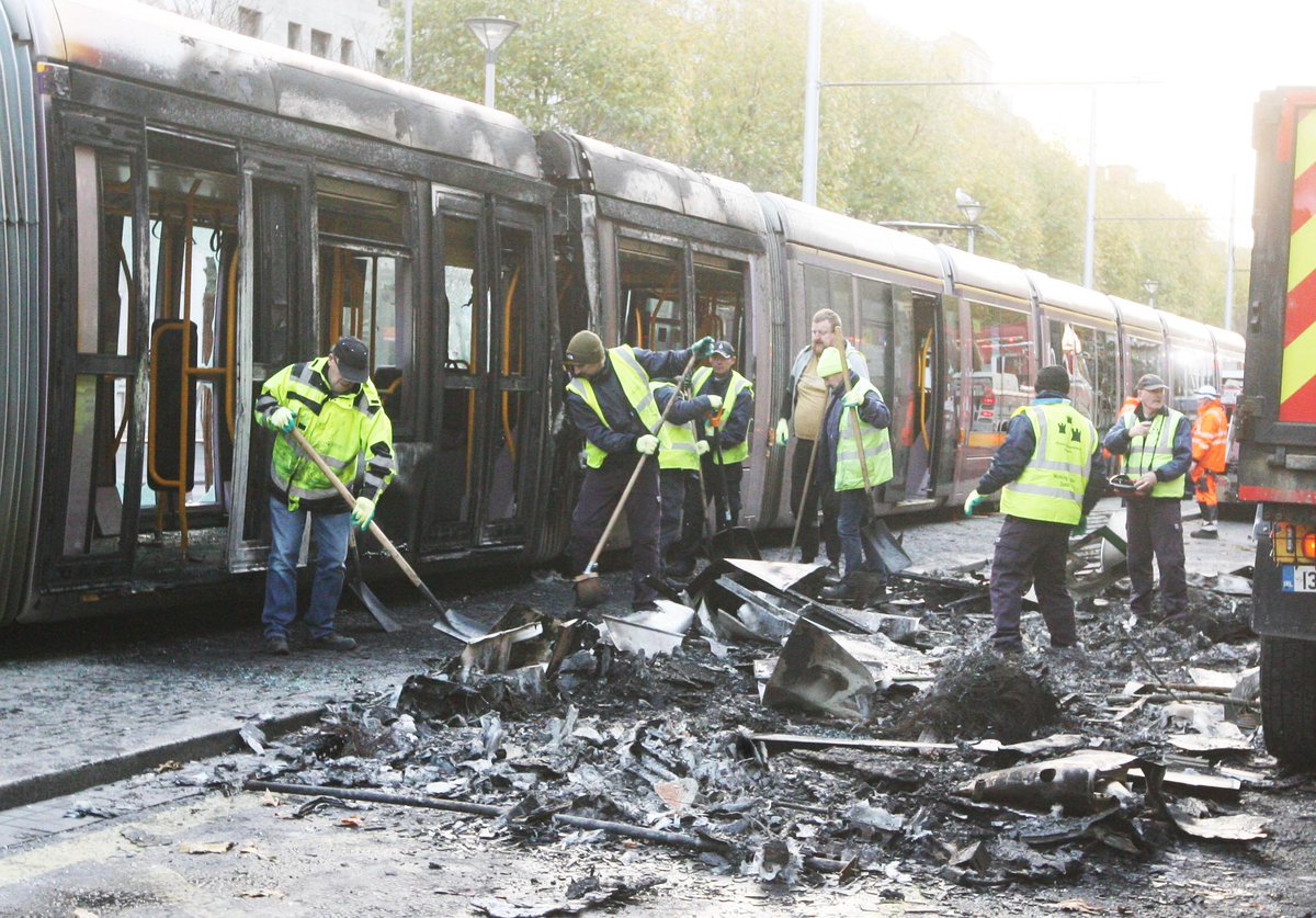 padraig_reilly's tweet image. A young man who started a fire on a Luas(photos)during the Dublin riots on November 23,2023 causing €5 million worth of damage has been jailed for three years.Evan Moore(20)of Donaghmede,D13 pleaded guilty to rioting,damaging a Luas by fire and damaging the windows.