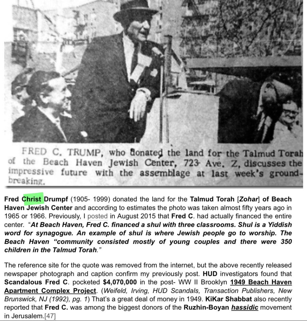Fred Christ Trump. 
What an odd middle name. 

Donald Trump is the son of Fred Christ.
Who donates to jews.... Who k¡lled Christ.

Sounds almost like they are anti Christ.