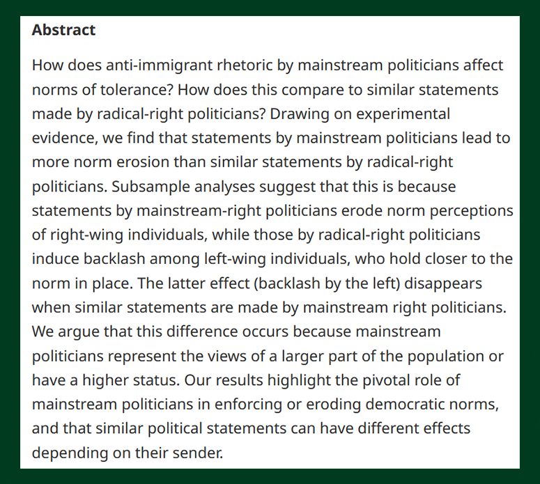 #OpenAccess from August 2025 -

How Mainstream Politicians Erode Norms - cup.org/4owa5UU 

"statements by mainstream politicians lead to more norm erosion than similar statements by radical-right politicians"

- @ValentimVicente, <a href="/EliasDinas/">Elias Dinas</a> &amp; <a href="/dziblatt/">Daniel Ziblatt</a>