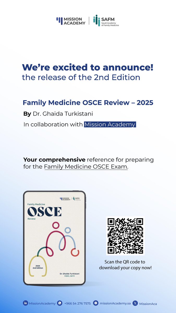 يسر الأكاديمية السعودية لطب الأسرة، بالتعاون مع مشن أكاديمي، إطلاق النسخة الثانية من Family Medicine OSCE Review Book (المعروف سابقًا بـ كتاب المدينة) 📘

يشمل 18 قسمًا طبيًا وأكثر من 110 موضوعًا إكلينيكيًا بإشراف د. غيداء تركستاني ومشاركة 12 
طبيبًا مختصًا.

تحميل مجاني: