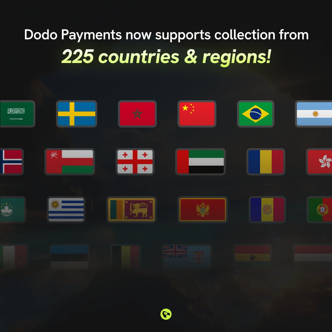 aagarwal1012's tweet image. Dodo Payments now supports payment collection from 225 countries and regions - nearly the entire world.
From 🇧🇷 Brazil to 🇸🇪 Sweden to 🇸🇬 Singapore, merchants can now go global with @dodopayments in just a few clicks.
Global payments, truly global.