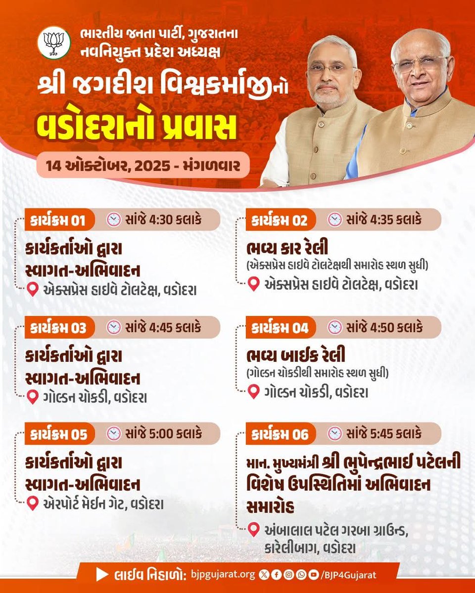 ભારતીય જનતા પાર્ટી, ગુજરાતના નવનિયુક્ત પ્રદેશ અધ્યક્ષ શ્રી Jagdish Panchal જીનો વડોદરાનો પ્રવાસ કાર્યક્રમ 
<a href="/MLAJagdish/">Jagdish Vishwakarma</a>

તારીખ: 14 ઓક્ટોબર, 2025 - મંગળવાર

લાઈવ નિહાળો:
* Facebook.com/BJP4Gujarat
* x.com/bjp4gujarat
* Youtube.com/BJP4Gujarat