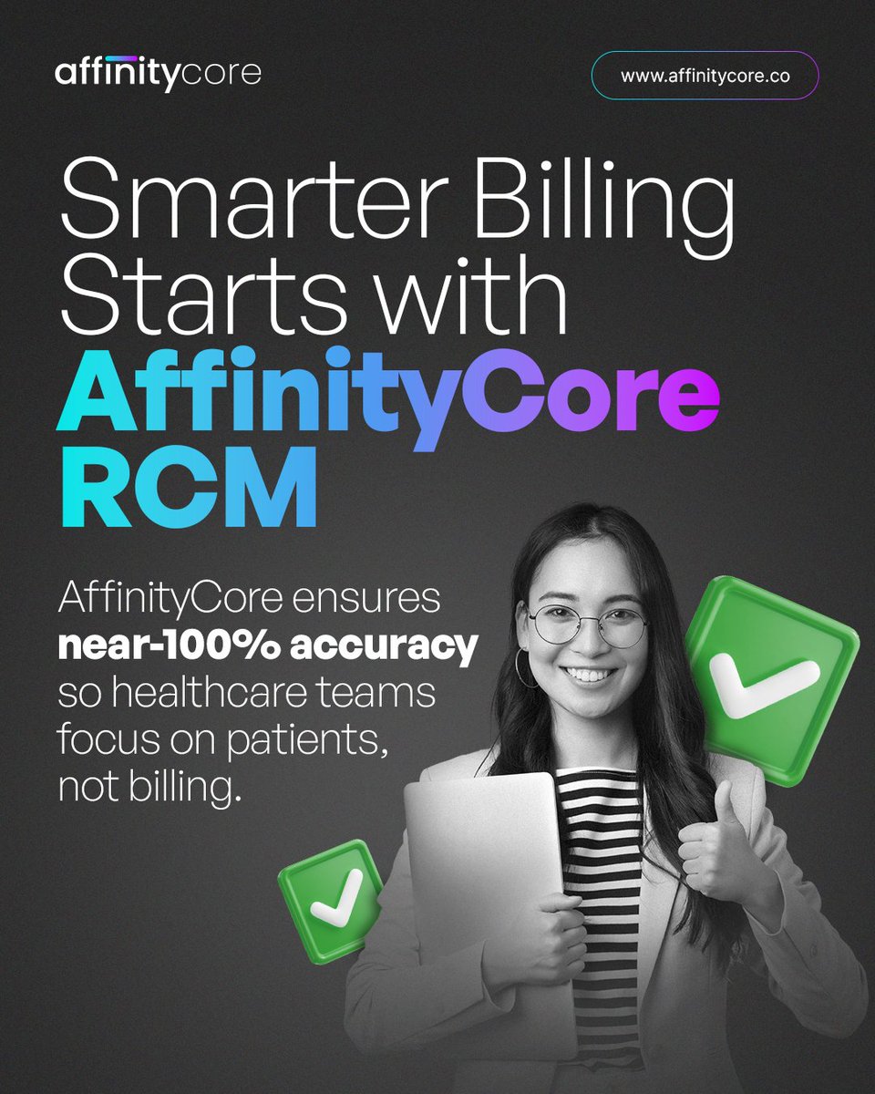 affinitycore_it's tweet image. With AffinityCore’s near-100% claim accuracy and specialty expertise in OB/GYN, oncology, orthopedics, and more healthcare teams spend less time on billing headaches and more time focusing on patient care.
shorturl.at/pkg5g
#MedicalBilling #MedicalCoding #RCM #AffinityCore