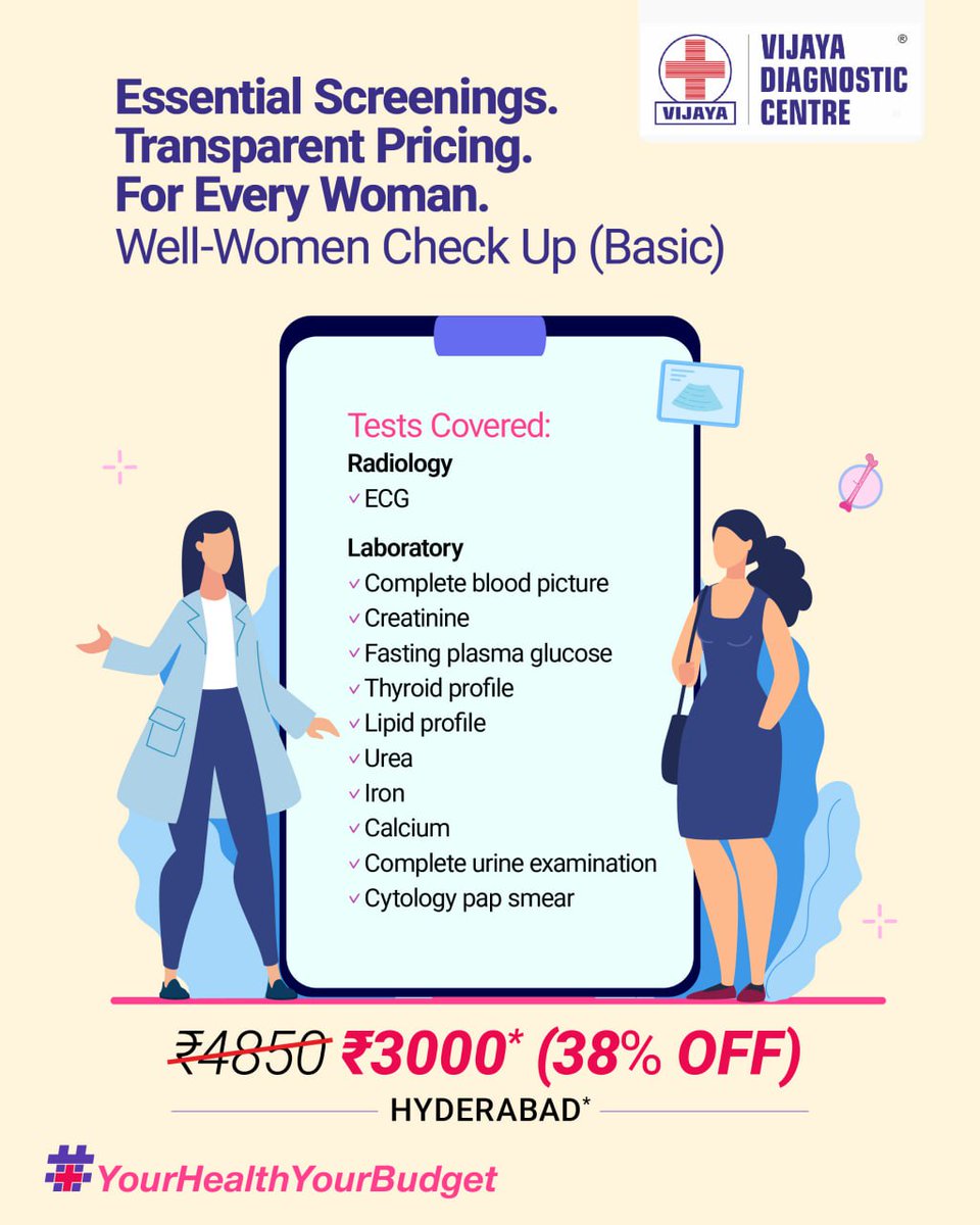 Your wellness journey starts with the basics. Get essential screenings like CBC, Thyroid Profile, and FBS - all in one affordable Basic Well-Women Check-Up Plan. Because taking charge of your health is the smartest investment you’ll ever make. Book your check-up today!