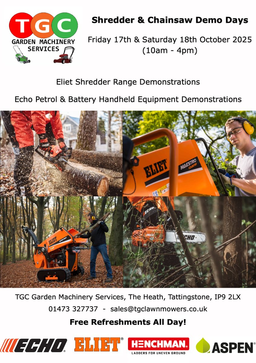 Come and see us at the Shredder &amp; Chainsaw Demo Days next week at TGC Garden Machinery Services. 📍