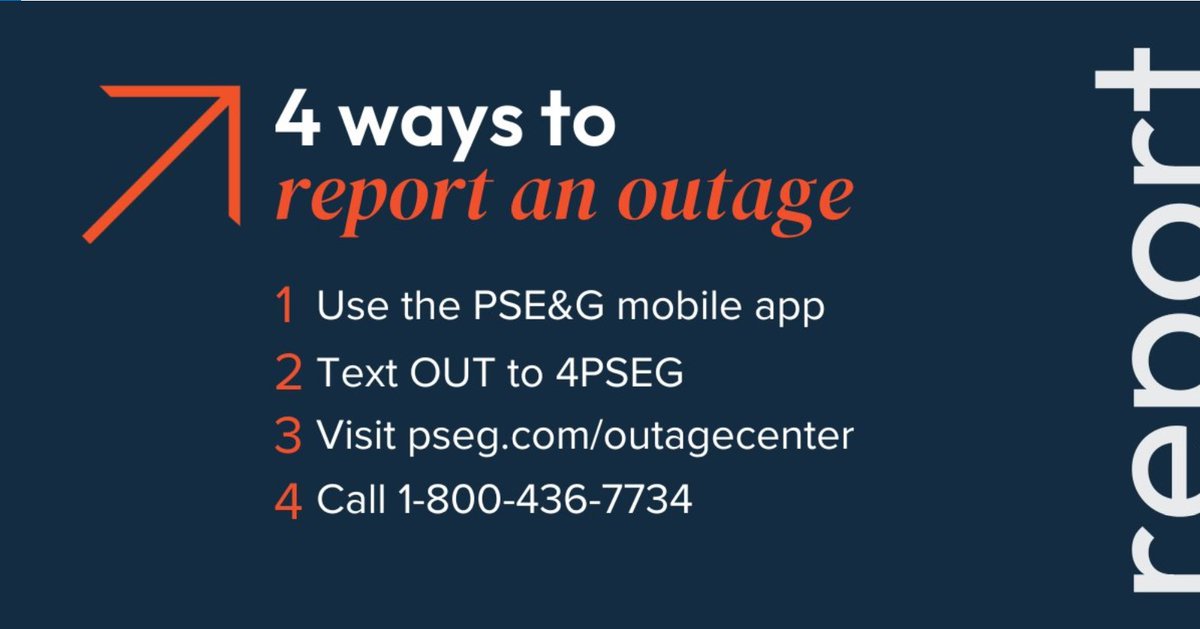 PSEGdelivers's tweet image. As the storms begin to pass, we remain here for you. Our crews are on call and ready to work 24/7 to restore outages safely and as quickly as possible. 

Remember to keep our #PSEGTips in mind and report outages to us ASAP by using one of the methods below.