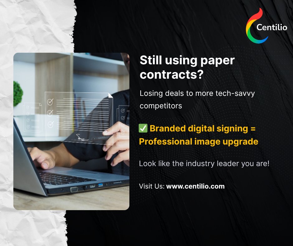 CentilioSign's tweet image. Still using paper contracts? 📝 

You’re losing deals to tech-savvy competitors. 

Upgrade your professional image with branded digital signing from Centilio. 

Visit 🌐centilio.com

#DigitalContracts