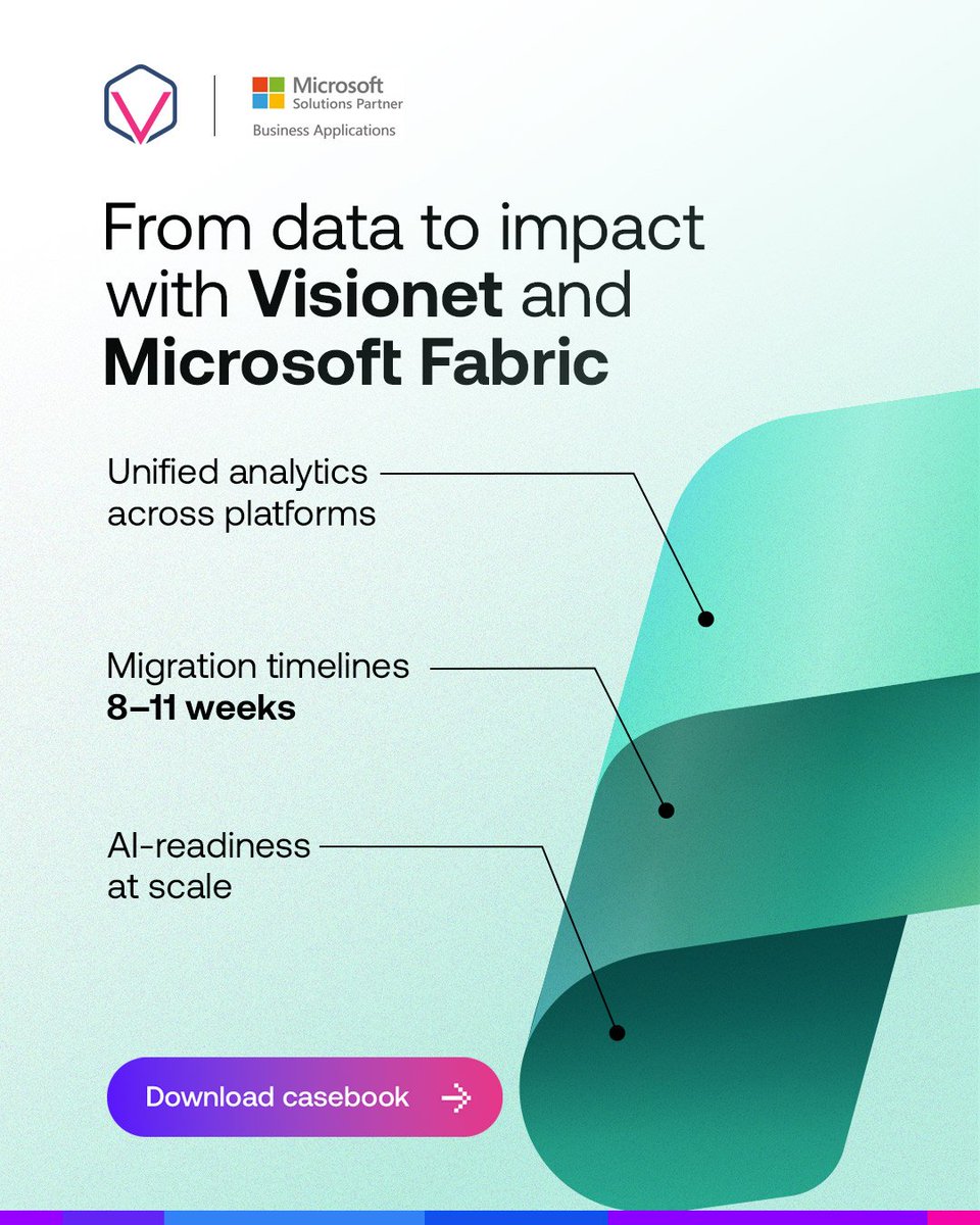 Visionet's tweet image. See how top enterprises are transforming data — faster, smarter &amp;amp; with real ROI🚀

📘 Download the Fabric Casebook to explore 8–11 week migrations, unified data, &amp;amp; AI-ready analytics.

🔗 hubs.li/Q03MVzXt0

#MicrosoftFabric #Visionet #DataTransformation #AIReady