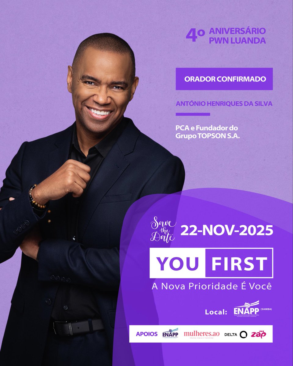 PWNLuanda's tweet image. ✨ Save the Date | 22 de Novembro de 2025 ✨
🎟️ Membros AOA 30.000,00 | Não Membros AOA 40.000,00
📍 Exposição de Marca(Bancada)
Membros AOA 80.000,00 | Não Membros AOA 100.000,00
Inscrições: pwnluanda.net/evento-anual/
#PWN #Liderança #Empoderamento #Networking #YouFirst