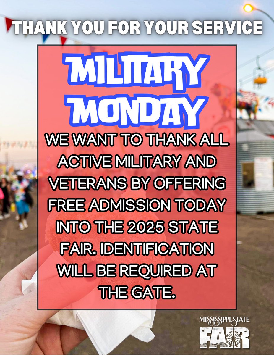 MSStateFair's tweet image. It's Military Monday!! We want to thank all active military and veterans by offering free admission today into the 2025 State Fair. ID required at the gate.
❤️