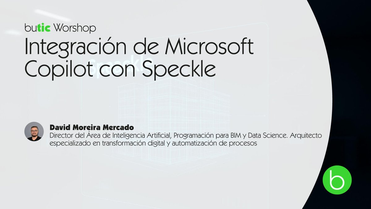 🎯 Te invitamos el 22 de octubre al workshop online “Integración de #MicrosoftCopilot con #Speckle” de butic 

🚀 Con David Moreira, descubre cómo conectar Copilot con Speckle para transformar datos #BIM con #IA

📆 22/10
⌚ 19:00 🇪🇸
💻 Online
🔗 bit.ly/4q6pDj1

 #AEC