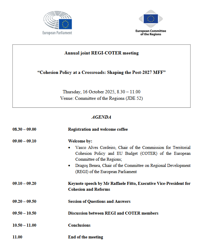 ❕Joint <a href="/EP_Regional/">REGI Committee Press</a> &amp; COTER (<a href="/EU_CoR/">European Committee of the Regions</a>) meeting❕
“Cohesion Policy at a Crossroads: Shaping the Post-2027 MFF”

🗓️Thu 16/10, 9.00 – 11.00
📍<a href="/EU_CoR/">European Committee of the Regions</a>, JDE 52
🔊Co-chaired by Vasco Alves Cordeiro &amp; Dragoş Benea; keynote by <a href="/RaffaeleFitto/">Raffaele Fitto</a> 

🔗Info &amp; agenda: europarl.europa.eu/committees/en/…