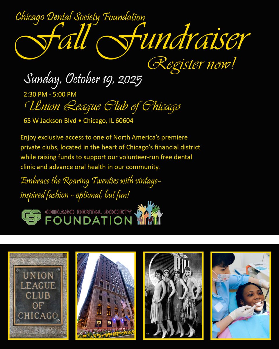 Help support critical dental care! 🦷💚 Join the CDS Foundation's Speakeasy Soirée on Oct. 19, 2:30–5 PM at the Union League Club of Chicago. Raise a glass and funds for healthier smiles! 🍸🎟️ Tickets: events.humanitix.com/2025-chicago-d…