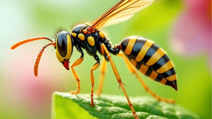 A close-up view of a yellow and black striped wasp with orange legs and antennae perched on the edge of a green leaf, positioned near pink flowers in a blurred green background, illustrating the type of insect involved in the stinging incident.