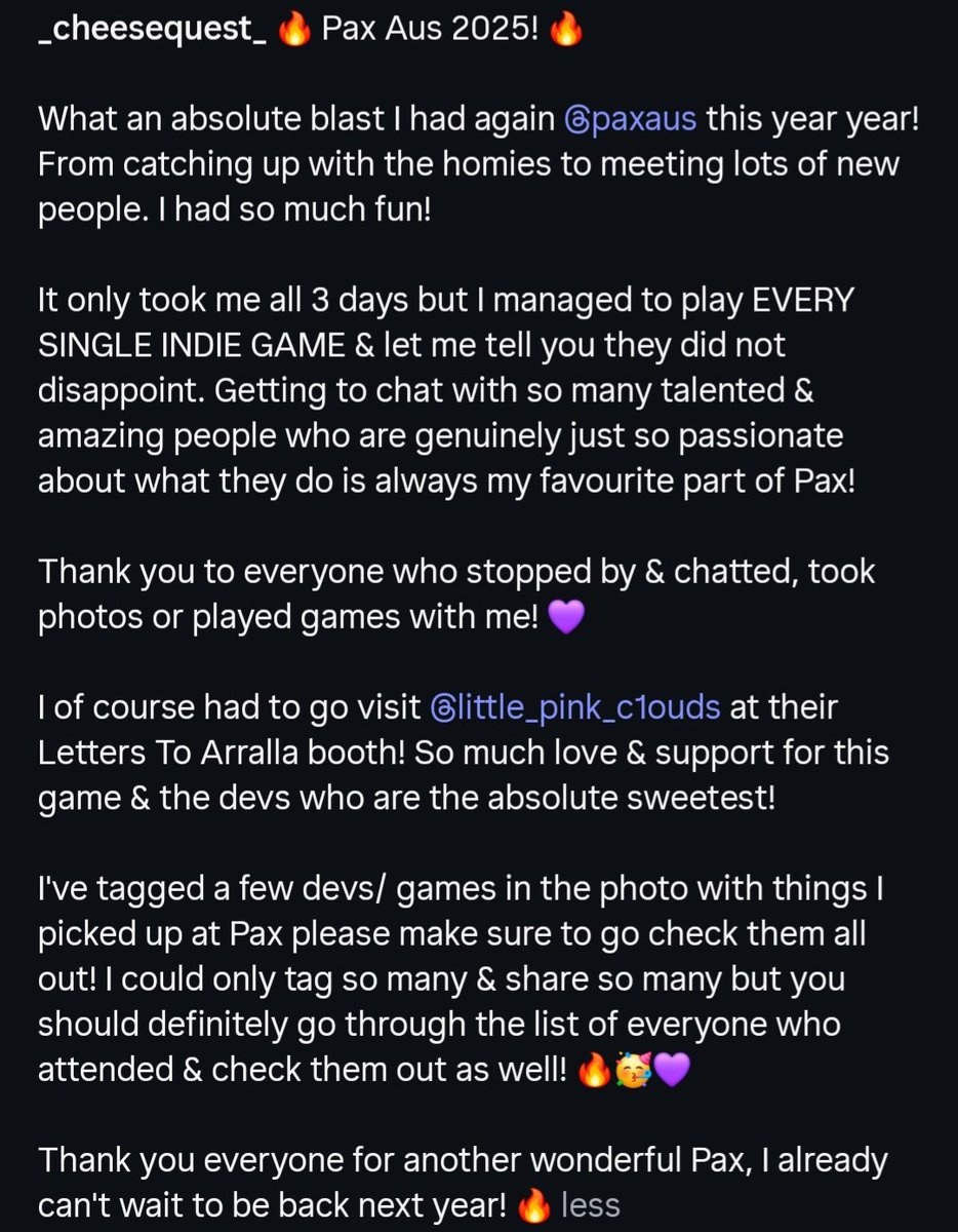 Cheesecakecos's tweet photo. I had so much fun @PAXAus  this year with everyone again! 💜

I managed to play EVERY single Indie game throughout the weekend! 🥳

It won't let me tag correctly on here so pls check out Insta for the Game/Dev socials I shared there! 
https://t.co/7fG8lmzIEh https://t.co/eVu3Wr9o4D