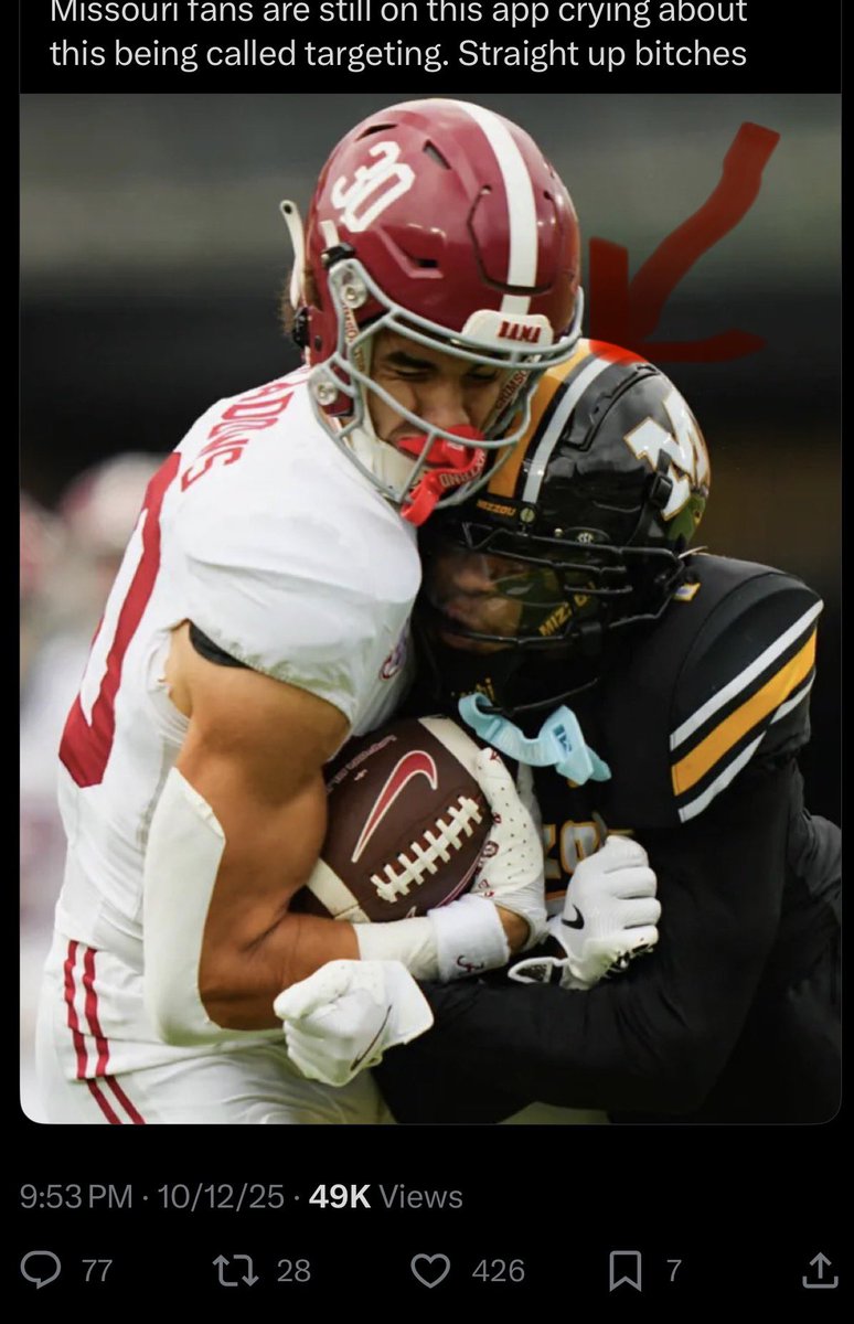 <a href="/ShowMeZou/">M</a> We know MO fans eat turkey sh!t regularly and it rots the cerebral cortex.  Let’s break it down for you Turkey sh!t eater.  Arrow points to helmet crown.  That is striking defender’s chin which knocked him out.  Literally textbook targeting because he launched into receiver. 👌🏻