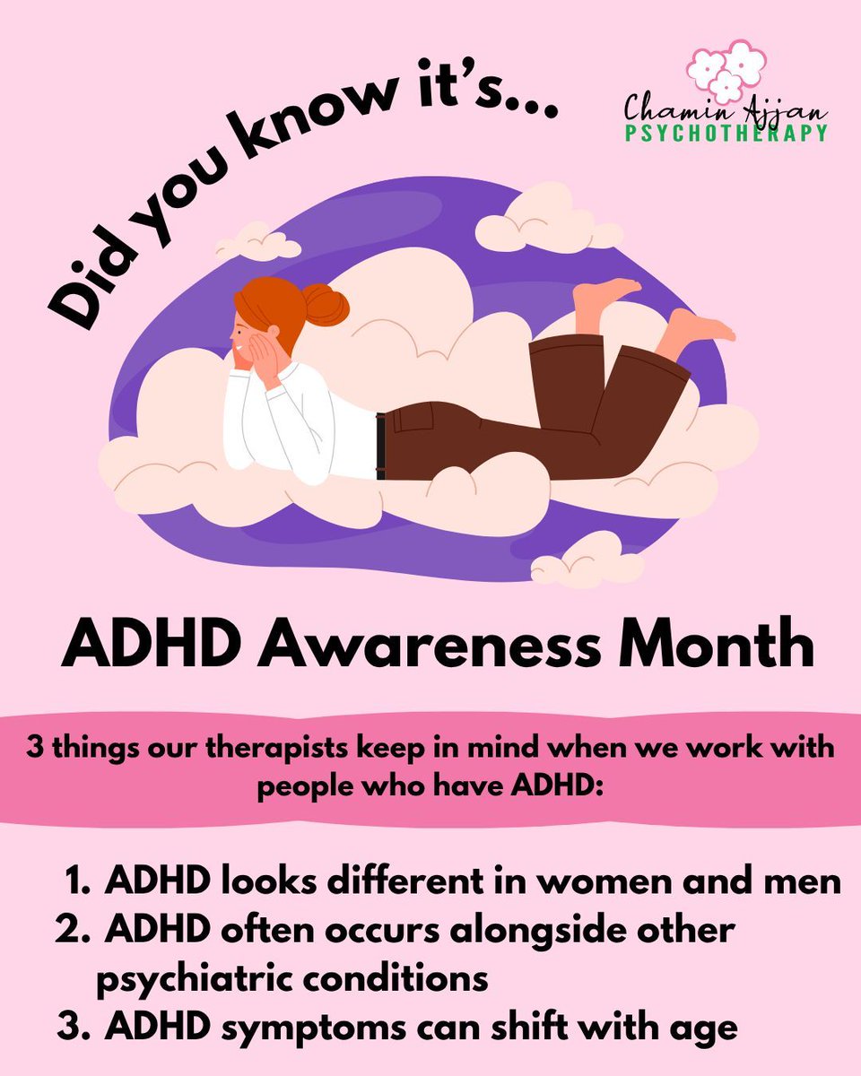 October is ADHD Awareness month! Symptoms look different based on age and gender, and may occur alongside other mental health conditions. The therapists at Chamin Ajjan are here to help you navigate your experiences with ADHD.

#ADHD #MentalHealth #ChaminAjjanPsychotherapy
