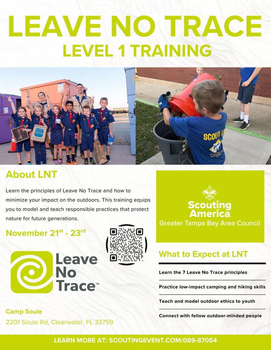 GTBACSCOUTS's tweet photo. Tired of seeing our outdoor spaces mistreated? Join us for Leave No Trace Training, November 22–24 at Camp Soule, and learn the skills to protect the places you love — sign up today at https://t.co/9JKHoO96GL

#LeaveNoTrace #OutdoorLeadership #Conservation https://t.co/v937e9ZLqQ