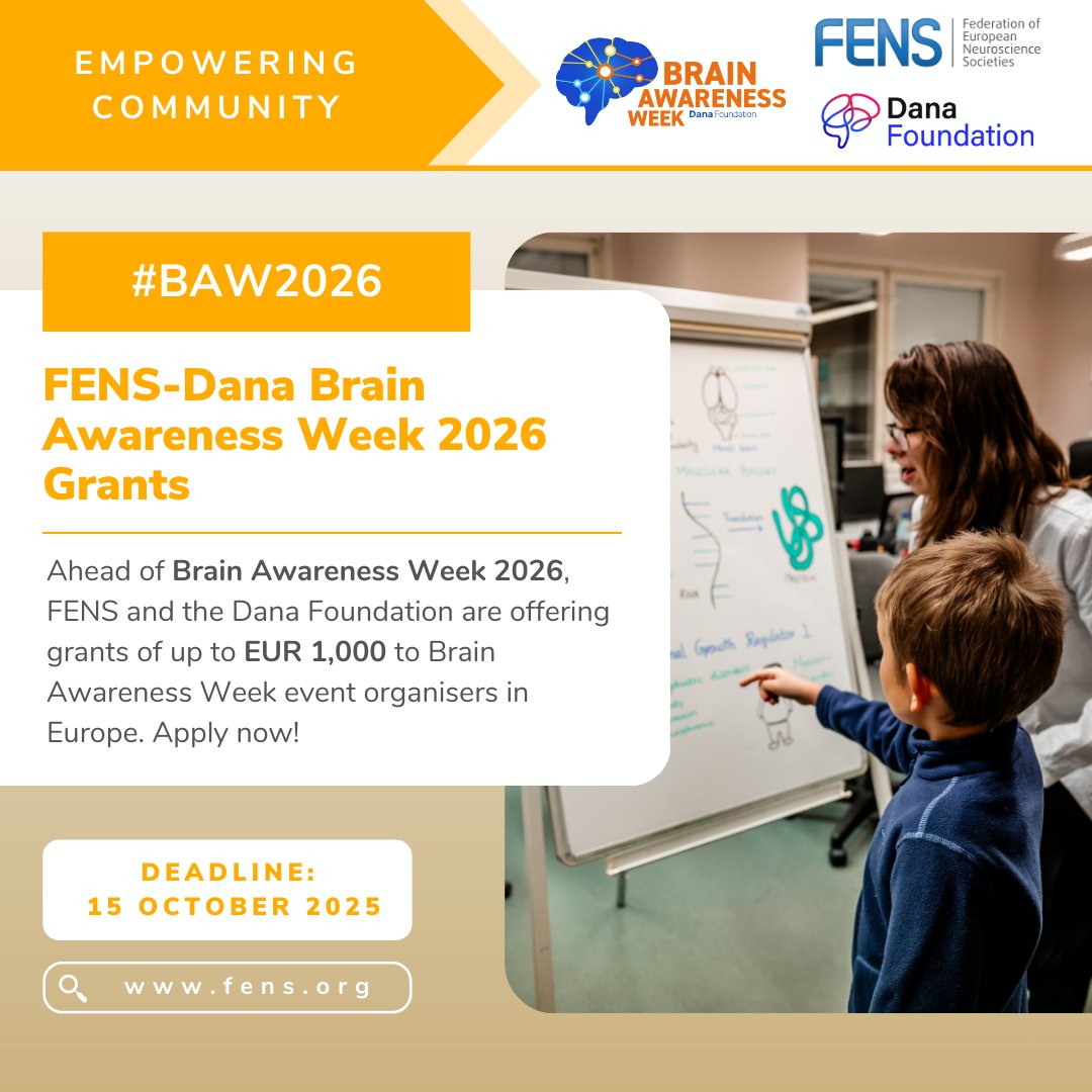 FENSorg's tweet image. 🔔 Apply for the #BrainAwarenessWeek 2026 Grants! 

💭 Are you organising a #BrainAwarenessWeek event in Europe?
There’s still time to apply for financial support of up to EUR 1,000 offered by #FENS in collaboration with the @dana_fdn. 

🗓️ 15 Oct 2025
👉 loom.ly/kwUsyd8