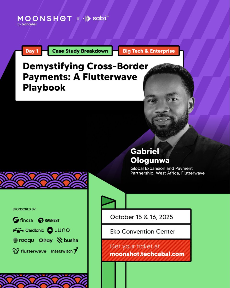theflutterwave's tweet image. Thrilled to announce that we’re returning to Moonshot by @TechCabal for the 3rd consecutive year!

Our AVP, Global Expansion &amp;amp; Payment Partnerships for West Africa, Gabriel Ologunwa will be delivering a Case Study titled: “Demystifying Cross-Border Payments: A Flutterwave…