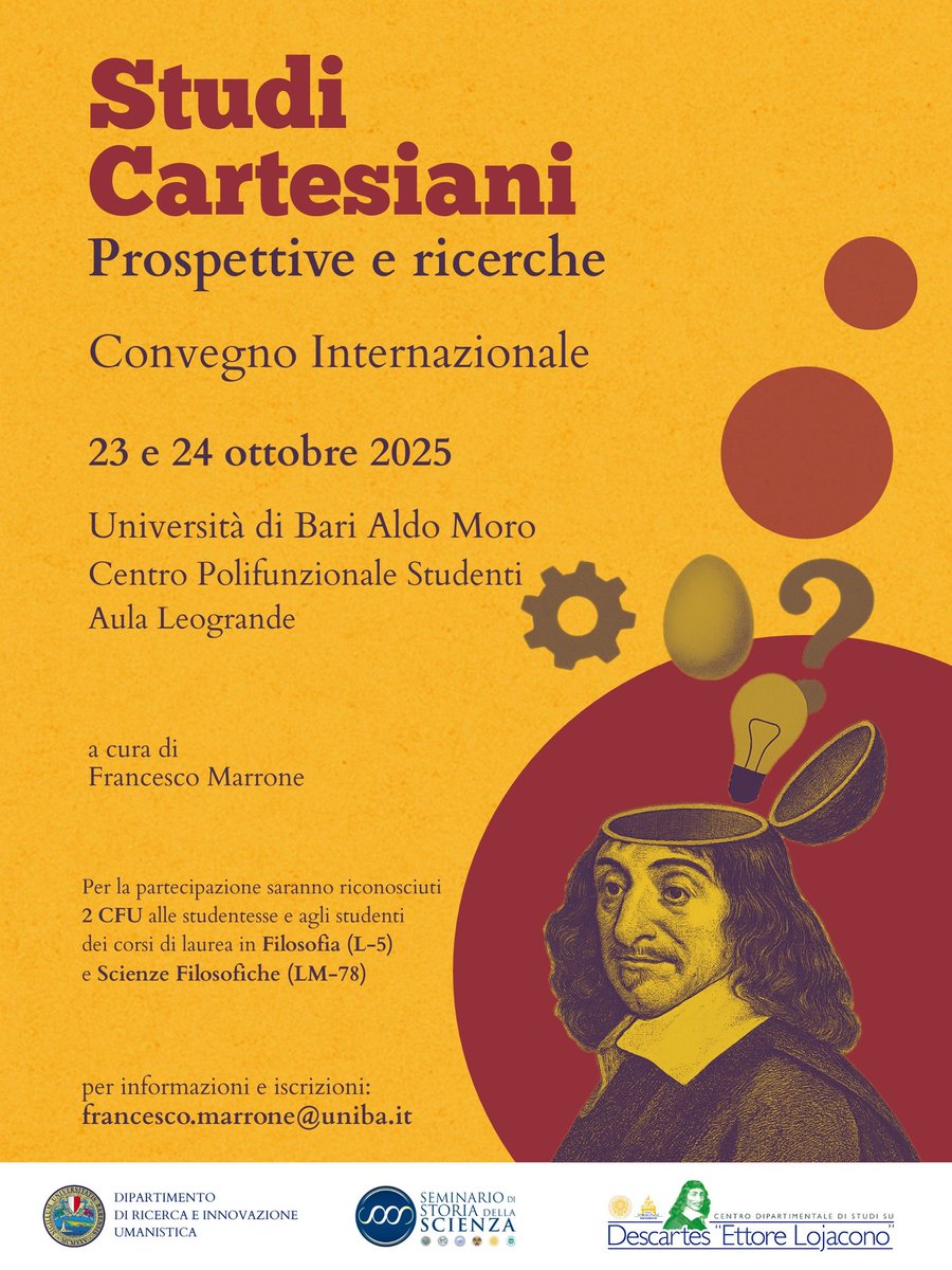 DescartesLabor's tweet photo. 📢 #twitterstorians Please follow this event on Cartesian studies #Descartes #17thcentury #histphilo #Cartesianism #histsci in Bari https://t.co/xq6vhQ5Voc