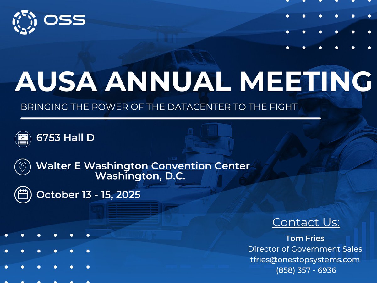 _OneStopSystems's tweet image. OSS is at #AUSA2025!

Visit us in Booth #6753, Hall D at the Walter E. Washington Convention Center in D.C. — Oct 13–15.

See how OSS brings datacenter power to the battlefield. Stop by and say hi!

#DefenseInnovation #OneStopSystems